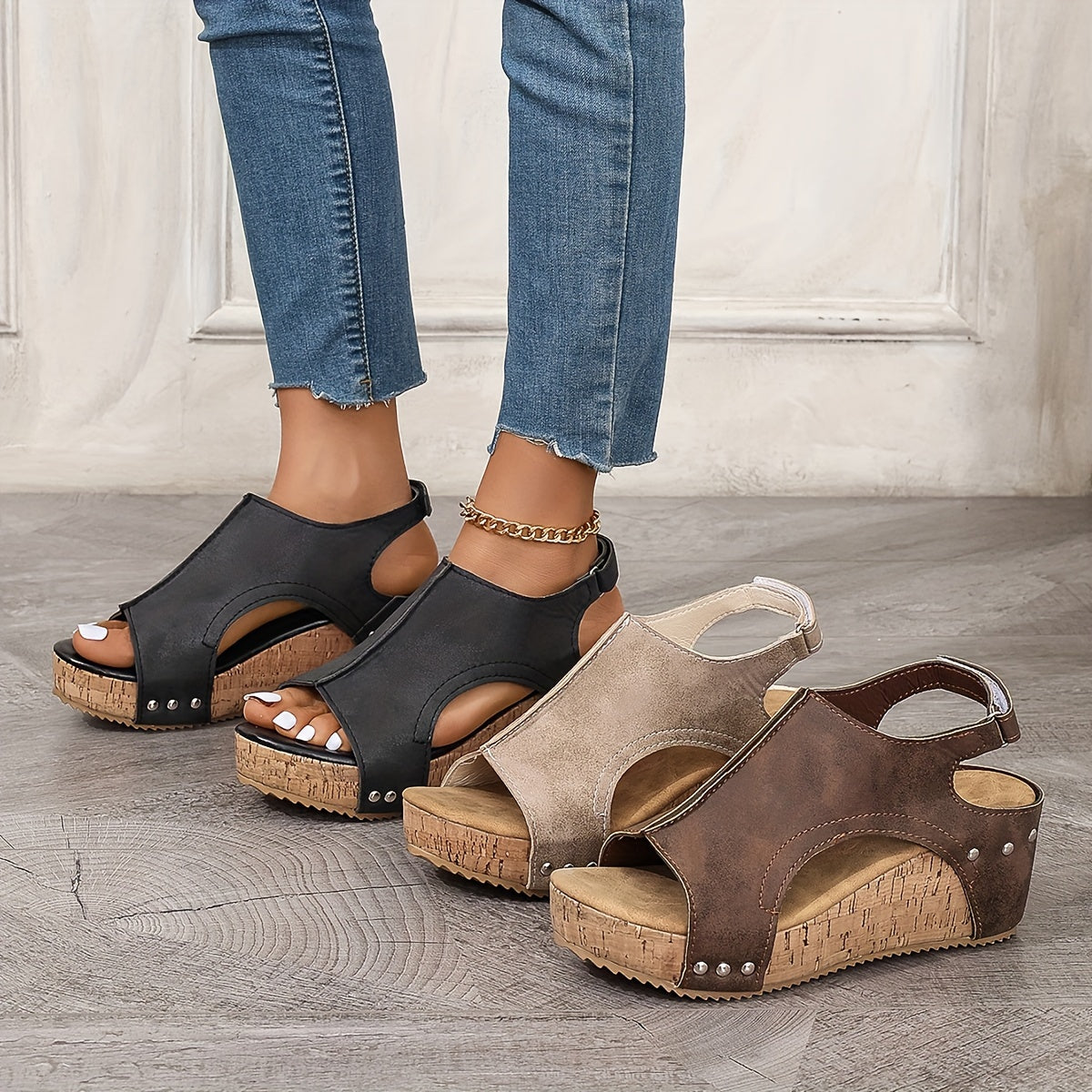 Womens Fashionable Retro Wedge Sandals - Stylish Peep Toe, Adjustable Buckle & Slingback - Comfortable Platform for Casual Summer Outings